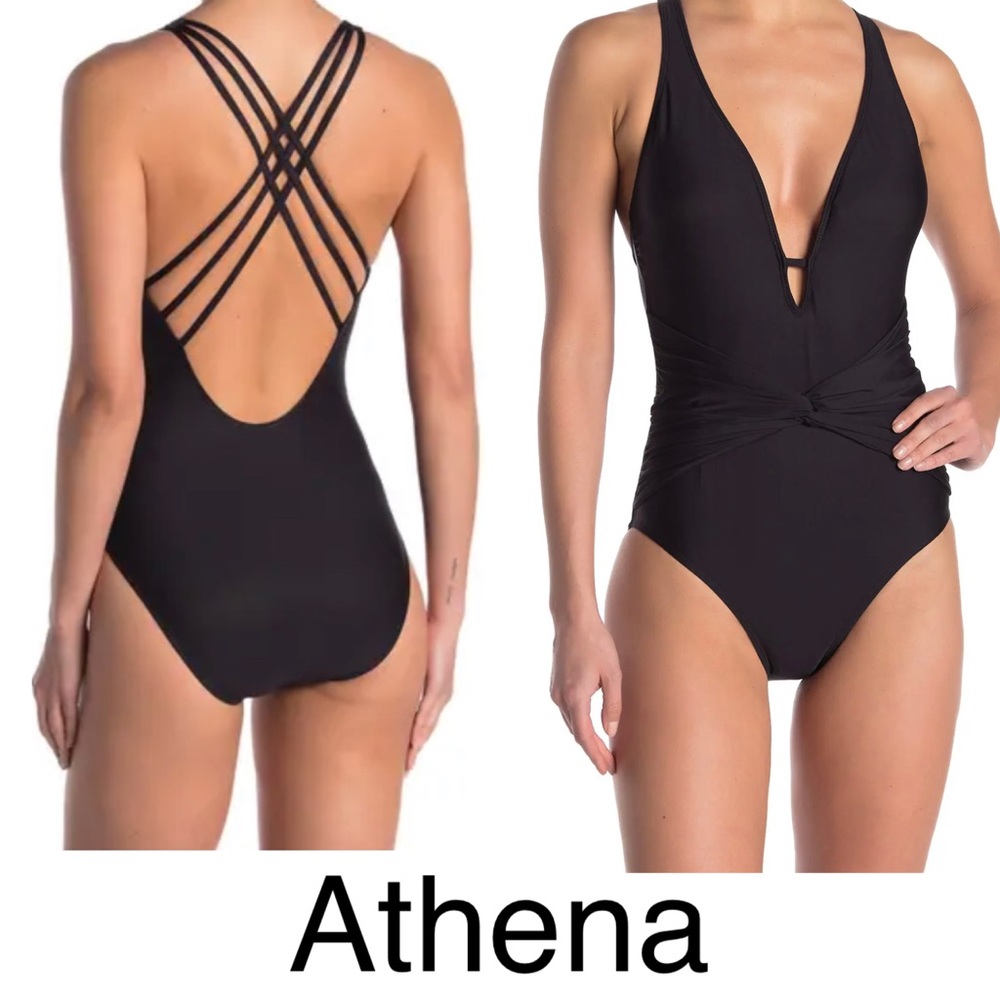 Athena Black One Piece Swimsuit Plunge Neckline NWOT